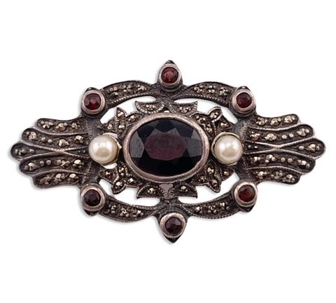 sterling silver faceted red glass marcasite synthetic pearl brooch pin ***AS IS***