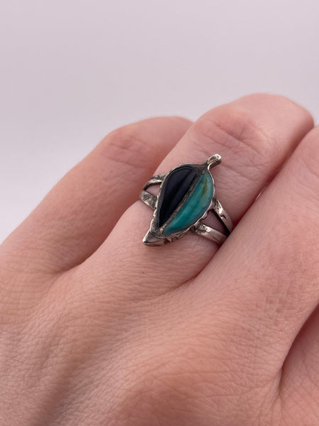 size 6.25 sterling silver turquoise jet leaf ring ***AS IS***