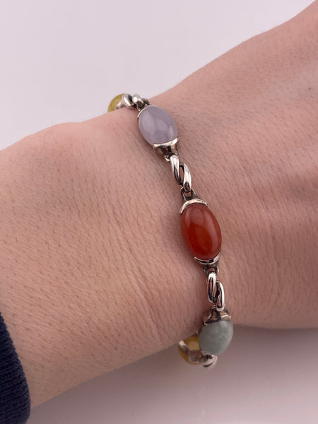 sterling silver 7-1/4" multi-color jade link bracelet