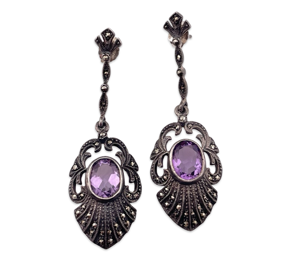 sterling silver marcasite & faceted amethyst pendulum post dangle earrings