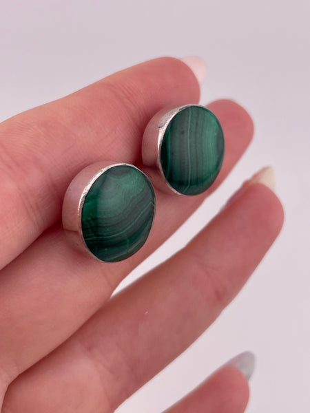 sterling silver round malachite post earrings