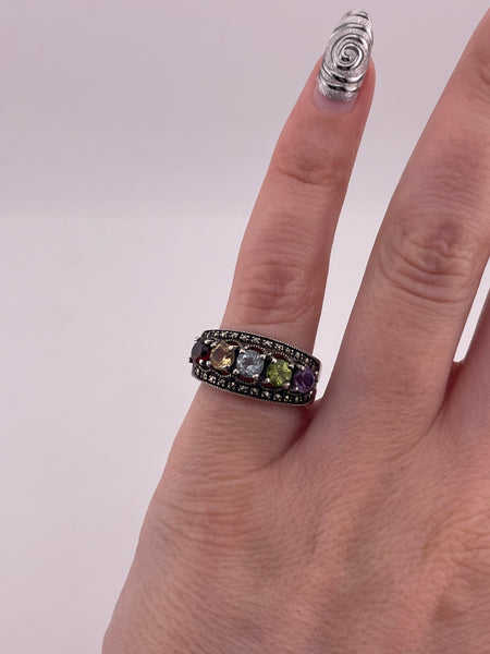 size 5 sterling silver multi-gemstone & marcasite ring