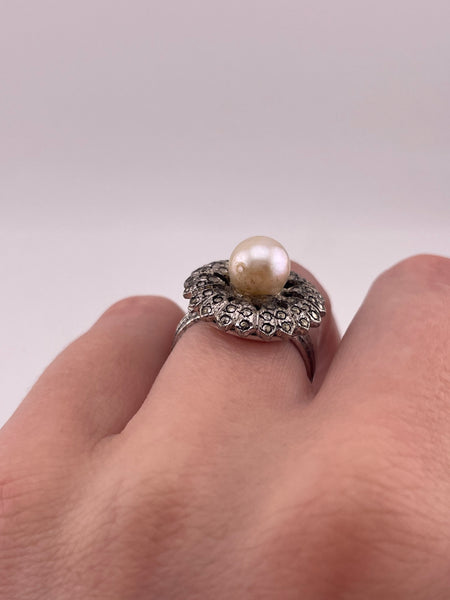 size 6.25 sterling silver rhodium plated marcasite faux pearl ring