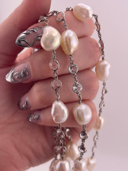 sterling silver 36" pearl & topaz necklace ***Missing one topaz****