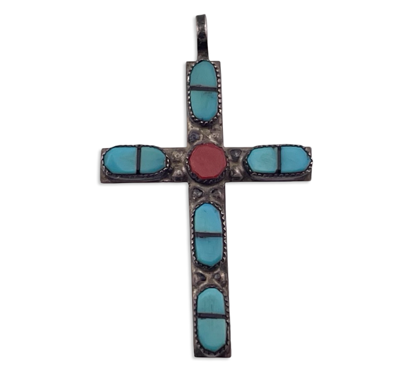 sterling silver turquoise coral jet inlay cross pendant