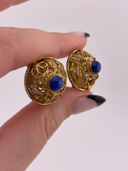 sterling silver gold plated filigree cut-out design lapis clip on earrings