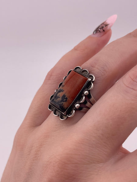 size 7.5 sterling silver rectangle petrified wood ring