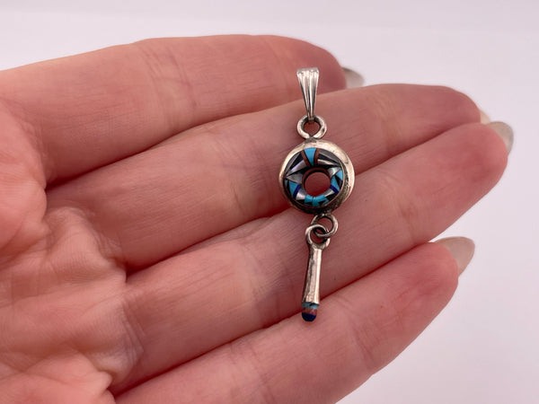 sterling silver multi-stone inlay dangle pendant