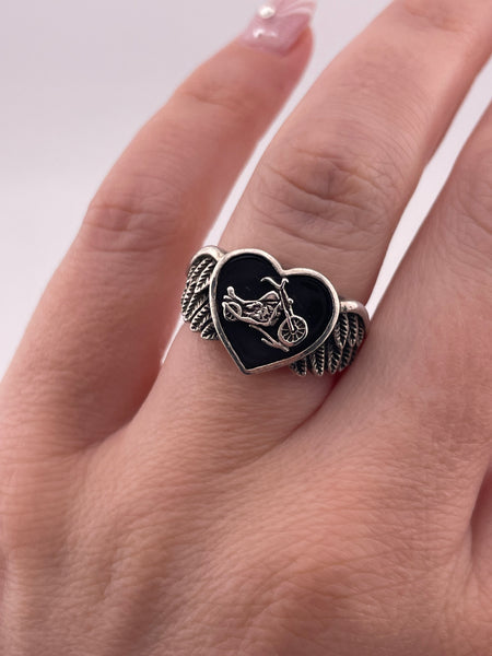 size 6.25 sterling silver black resin heart motorcycle wings ring