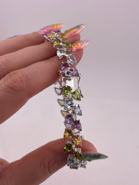 sterling silver faceted multi-gemstone link bracelet