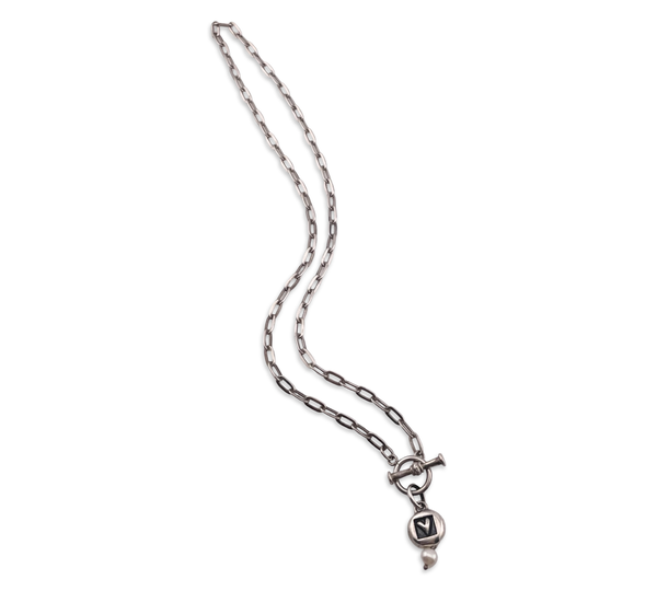 sterling silver 16" paperclip “V” initial faux pearl t-bar toggle necklace