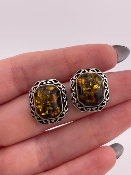 sterling silver rectangular amber post earrings