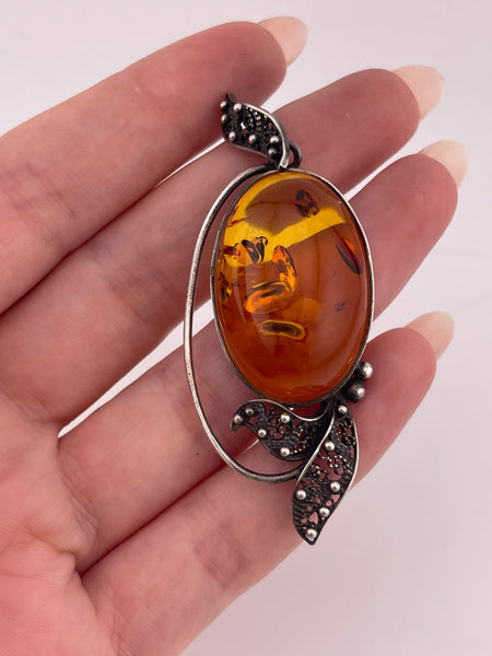 sterling silver amber filigree pendant