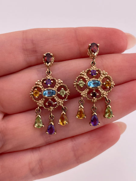 10k yellow gold faceted colorful multi-gemstone post dangle earrings
