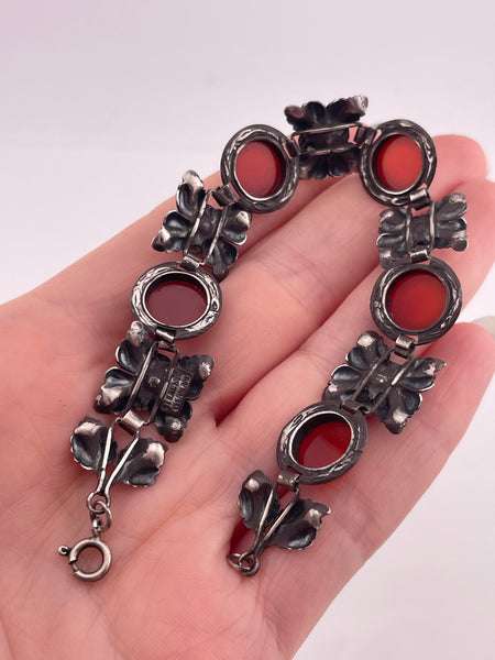 sterling silver 7-1/8" rhodium plated carnelian pressed flower bracelet