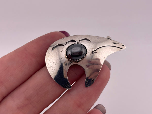 sterling silver stamped bear hematite pendant brooch pin