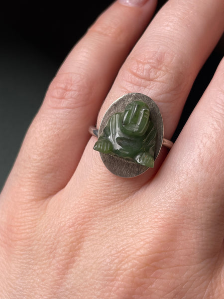 size 7.5 adjustable band sterling silver carved jade Buddha ring