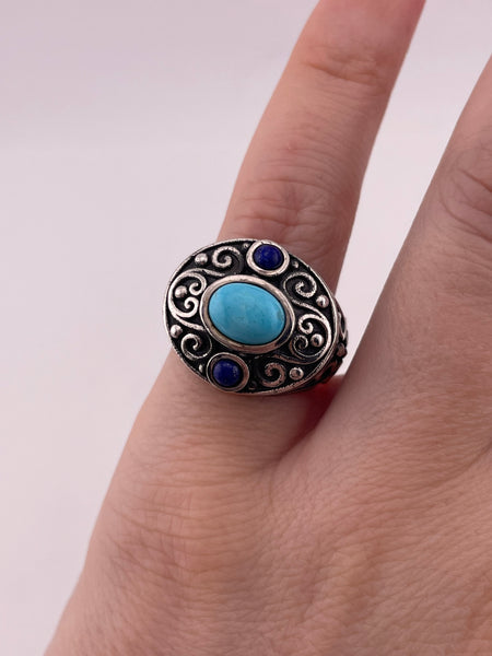 size 5 sterling silver stabilized turquoise lapis swirl ring