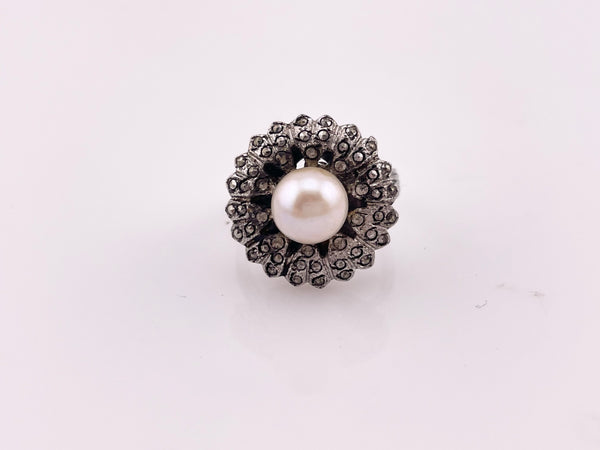 size 6.25 sterling silver rhodium plated marcasite faux pearl ring