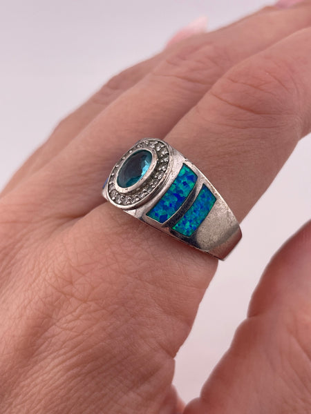 size 9.75 sterling silver faceted blue glass rhinestone synthetic opal ring