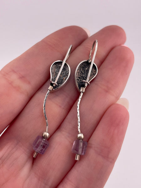 sterling silver leaf amethyst hook earrings