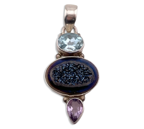 sterling silver faceted blue topaz, amethyst, & druzy pendant