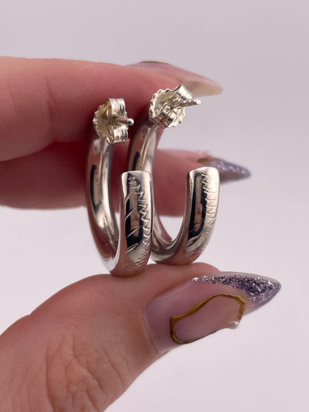 sterling silver 1" etched tube partial hoop post earrings