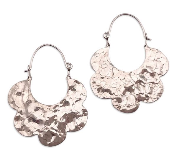 sterling silver hammered flat flower hoop earrings