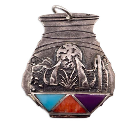 sterling silver multi-stone howling wolf pendant