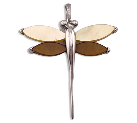 sterling silver synthetic mother of pearl tigers eye dragonfly pendant