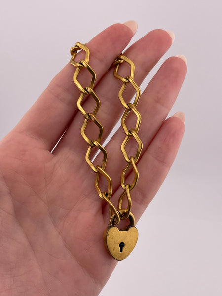 gold filled heart padlock heart chain link bracelet w/ engraved initials