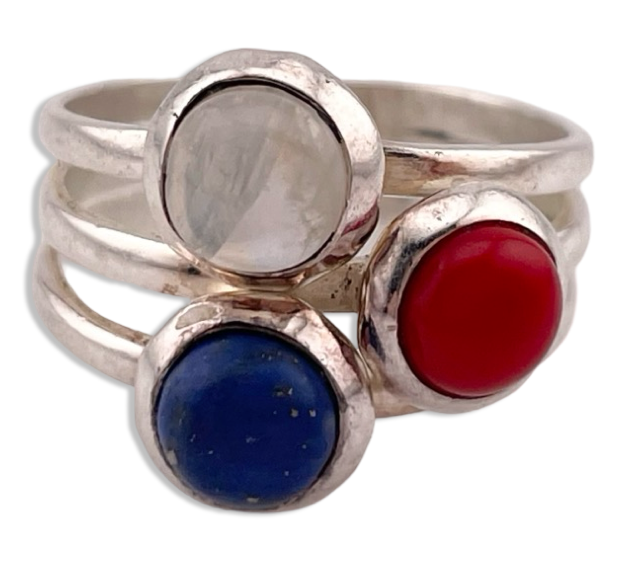 size 8 sterling silver rainbow moonstone lapis synthetic coral ring