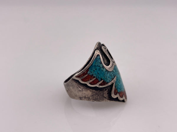 size 8.5 sterling silver crushed turquoise & coral bird ring