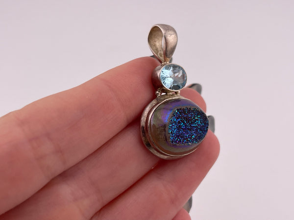 sterling silver druzy & topaz pendant