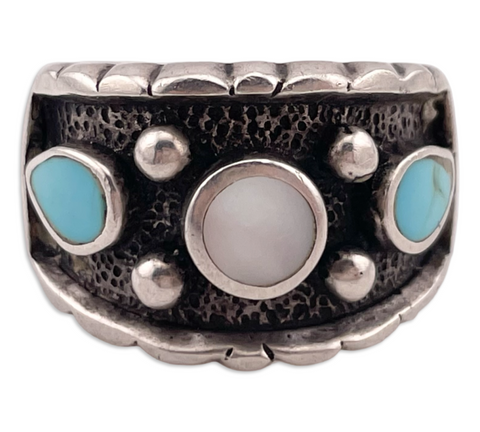 size 10.5 sterling silver ingot mother of pearl & turquoise ring