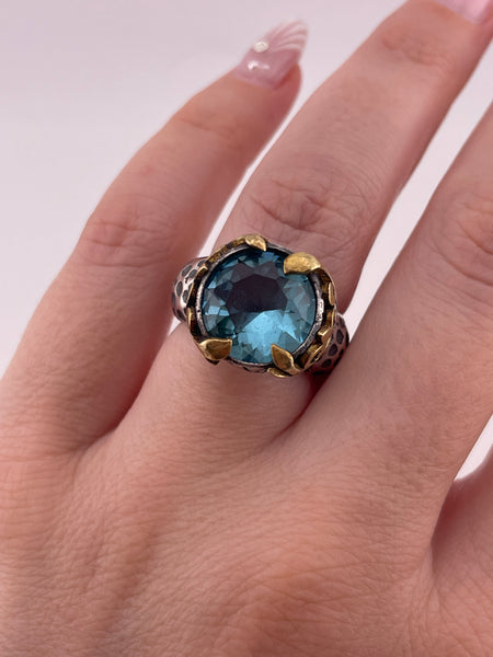 size 6.5 sterling silver & brass Bora faceted blue glass textured ring