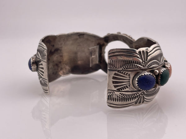 sterling silver Native American signed WB multi-stone watch cuff bracelet