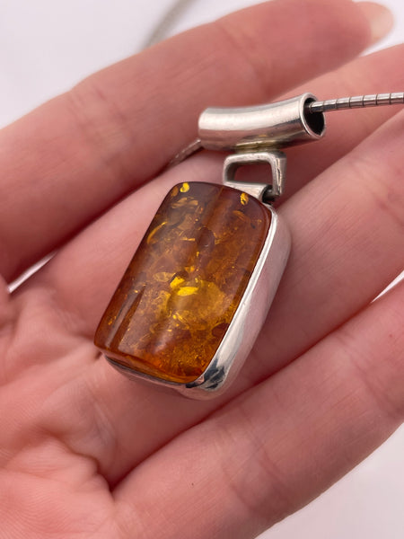 sterling silver amber pendant structured chain necklace