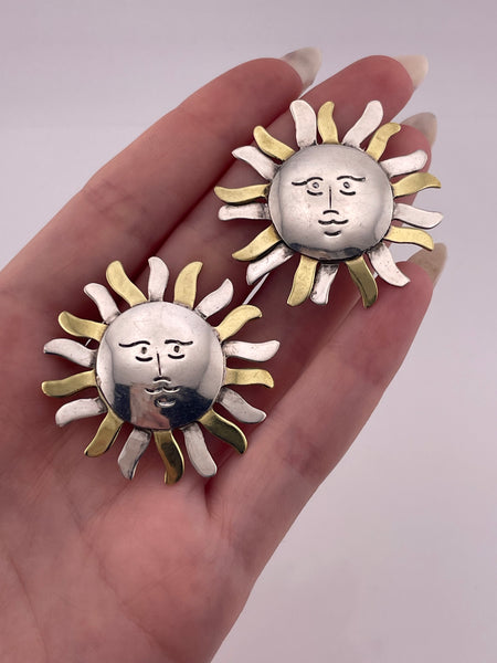 sterling silver & brass Mexican large sun face clip-on earrings