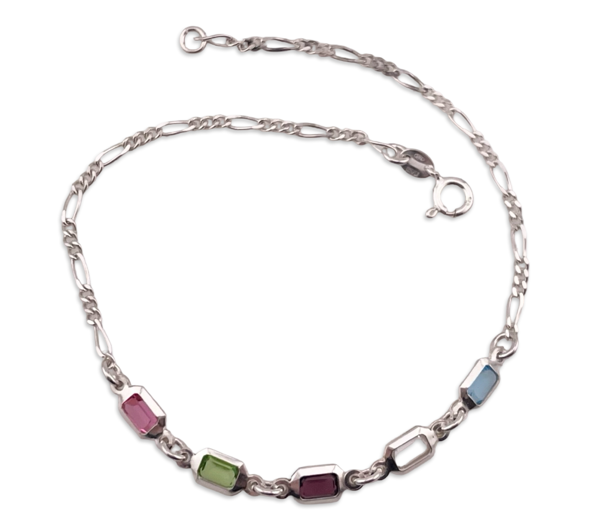 sterling silver 9-1/2" faceted plastic figaro chain link anklet or bracelet