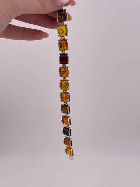 sterling silver multi-colored amber link bracelet