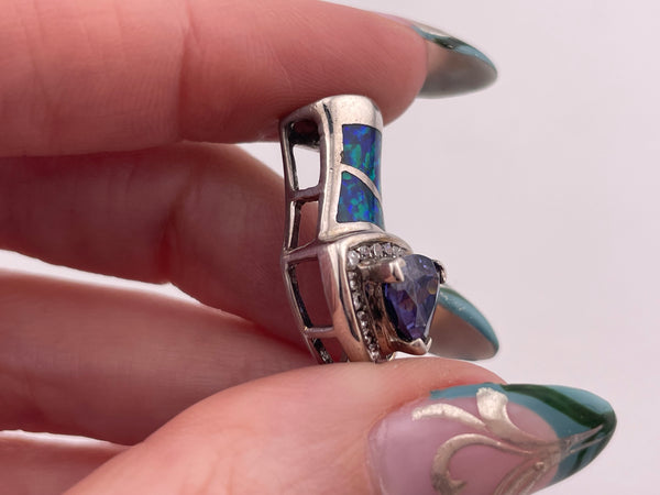 sterling silver lab opal & rhinestone pendant