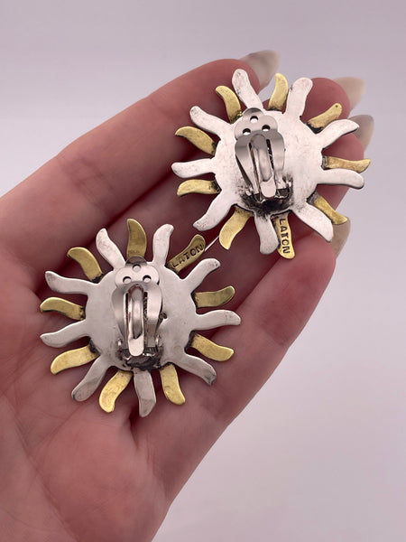 sterling silver & brass Mexican large sun face clip-on earrings