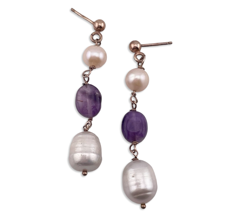 sterling silver gold wash pearl amethyst post earrings