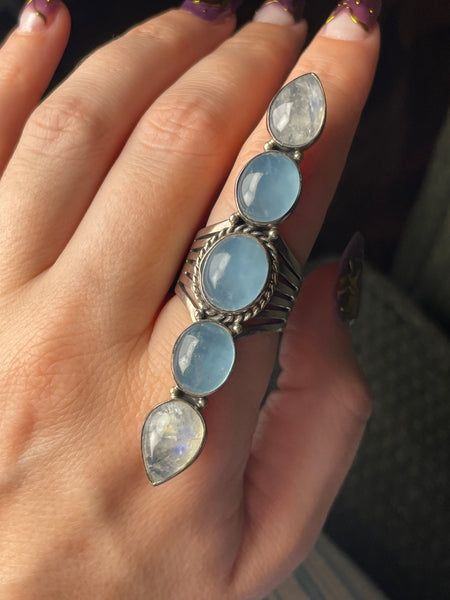 size 8 sterling silver 2-7/8" long blue quartz rainbow moonstone ring