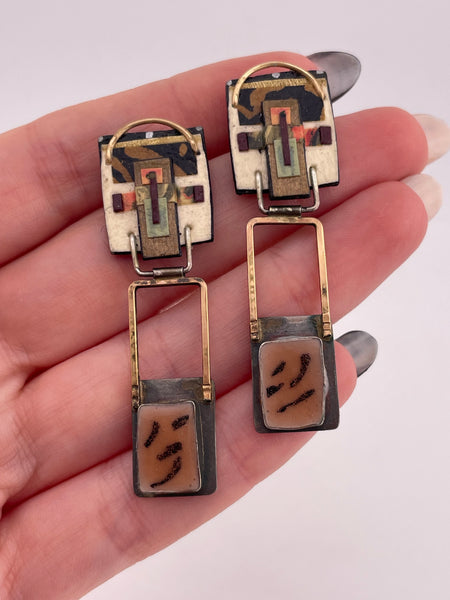 sterling silver & brass mixed media artisan abstract post dangle earrings