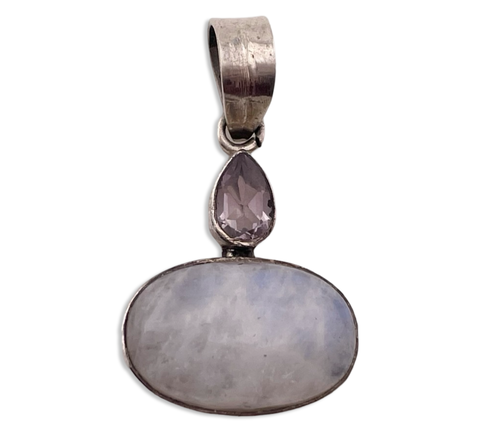 sterling silver oval rainbow moonstone faceted amethyst pendant