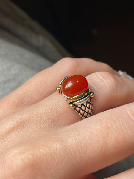 size 7.25 sterling silver gold plated red glass ring
