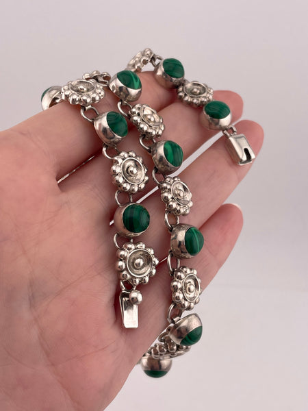sterling silver Mexican malachite flower collar necklace