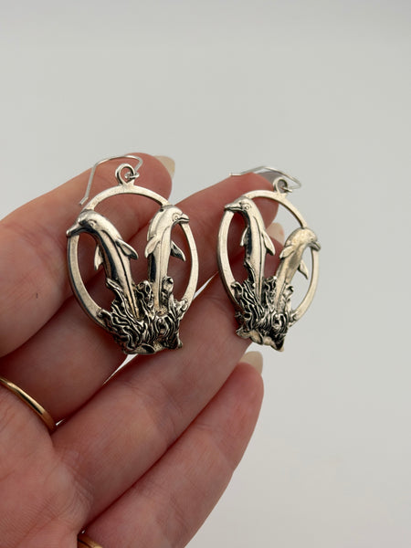 sterling silver large double dolphin dangle earrings